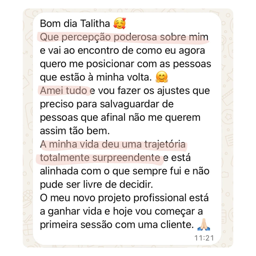 print de conversa no whatsapp com depoimento de uma cliente sobre a leitura Lúmen