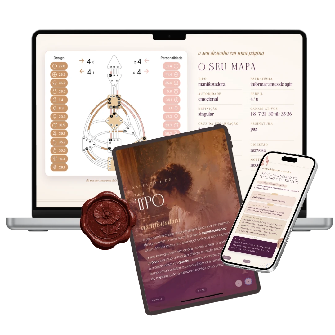 a leitura Lúmen em um MacBook, um tablet e um celular, ao lado de um selo de cera